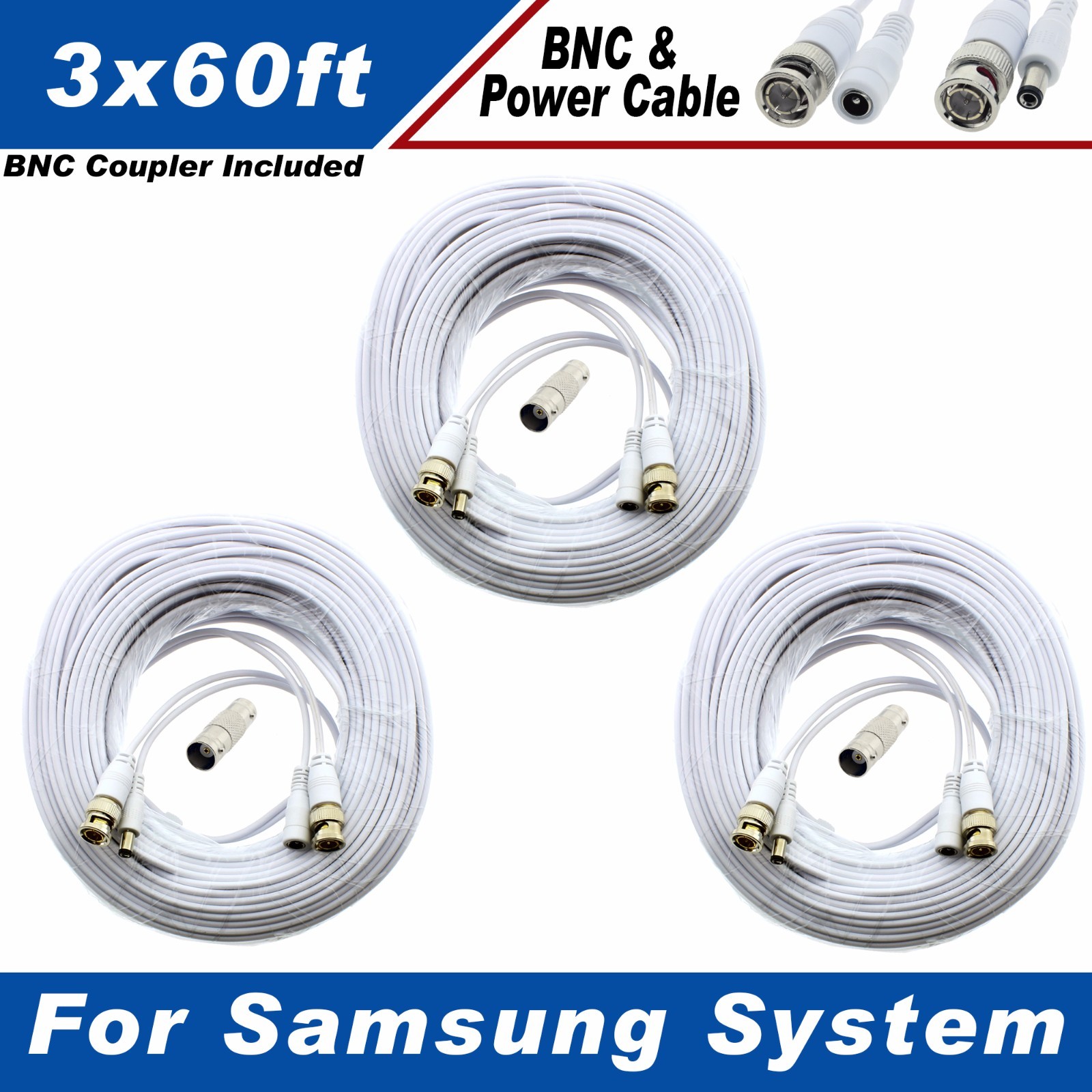 WHITE PREMIUM 180FT CCTV BNC CABLES FOR 16 CH SAMSUNG SDS-P5102, SDS-P5122
