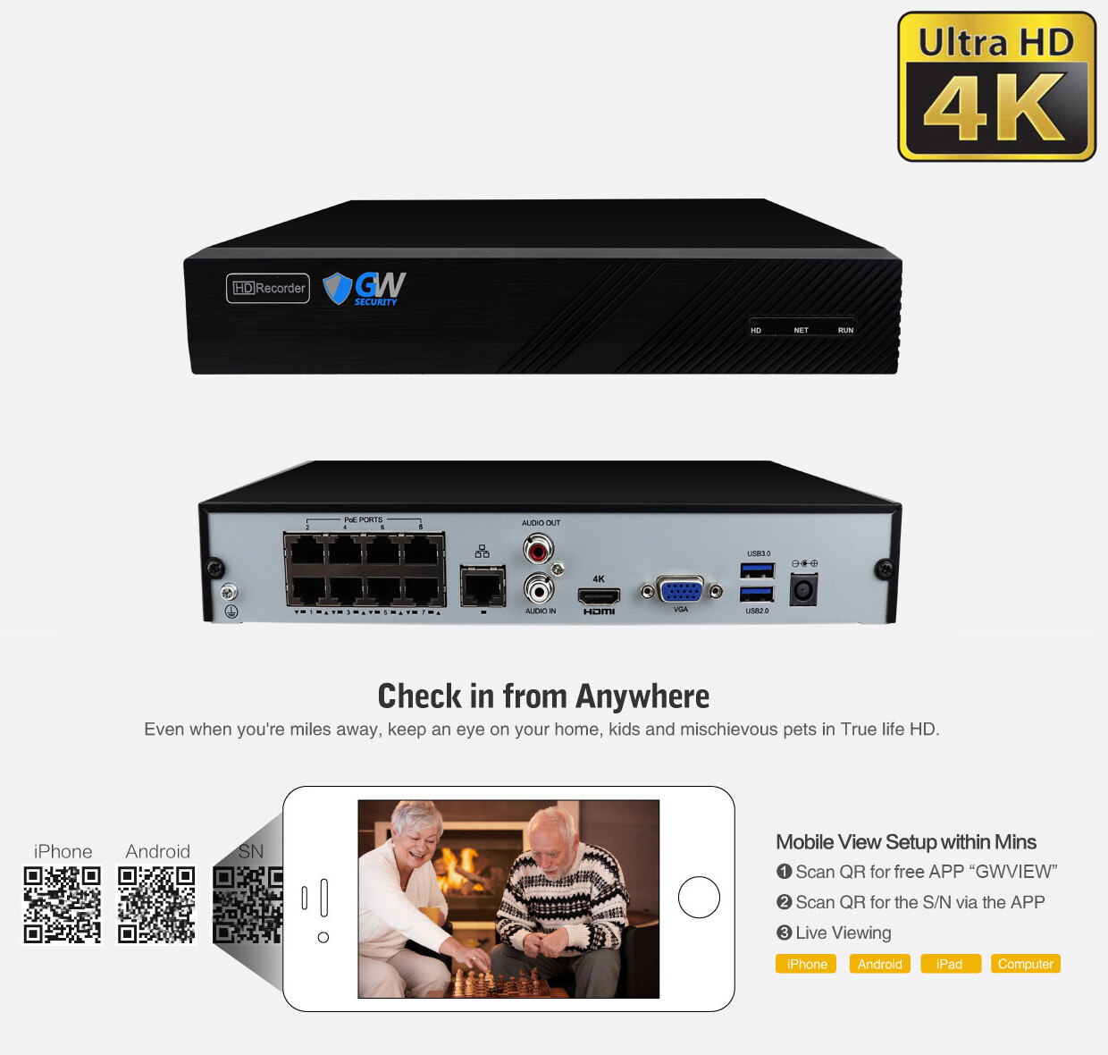 8 Channel 4K NVR (4) 8MP 2160p Home IP POE Dome Security Camera System 1TB HDD