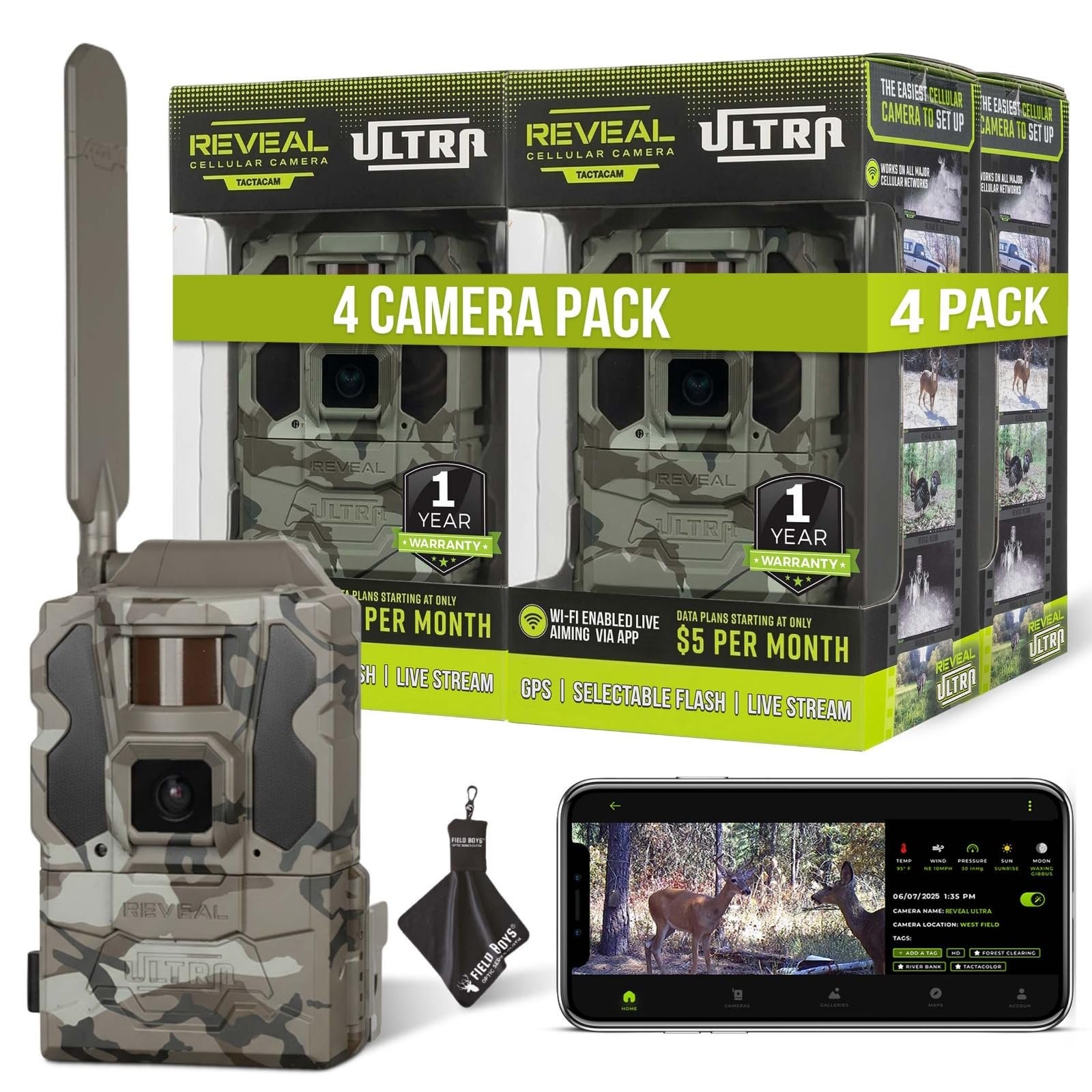 Tactacam REVEAL Ultra Cellular Trail Camera 4-Pack Bundle + Cleaning Cloth
