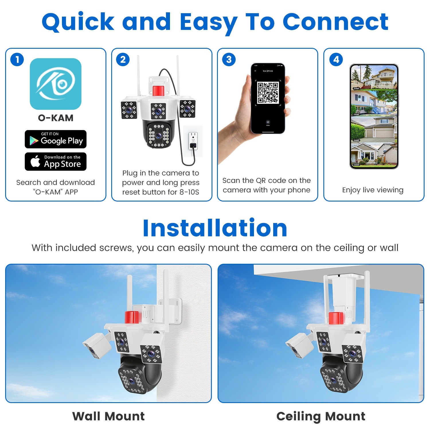 4-Lens Security Camera 360° View WiFi Pan&Tilt Color Night Vision Remote