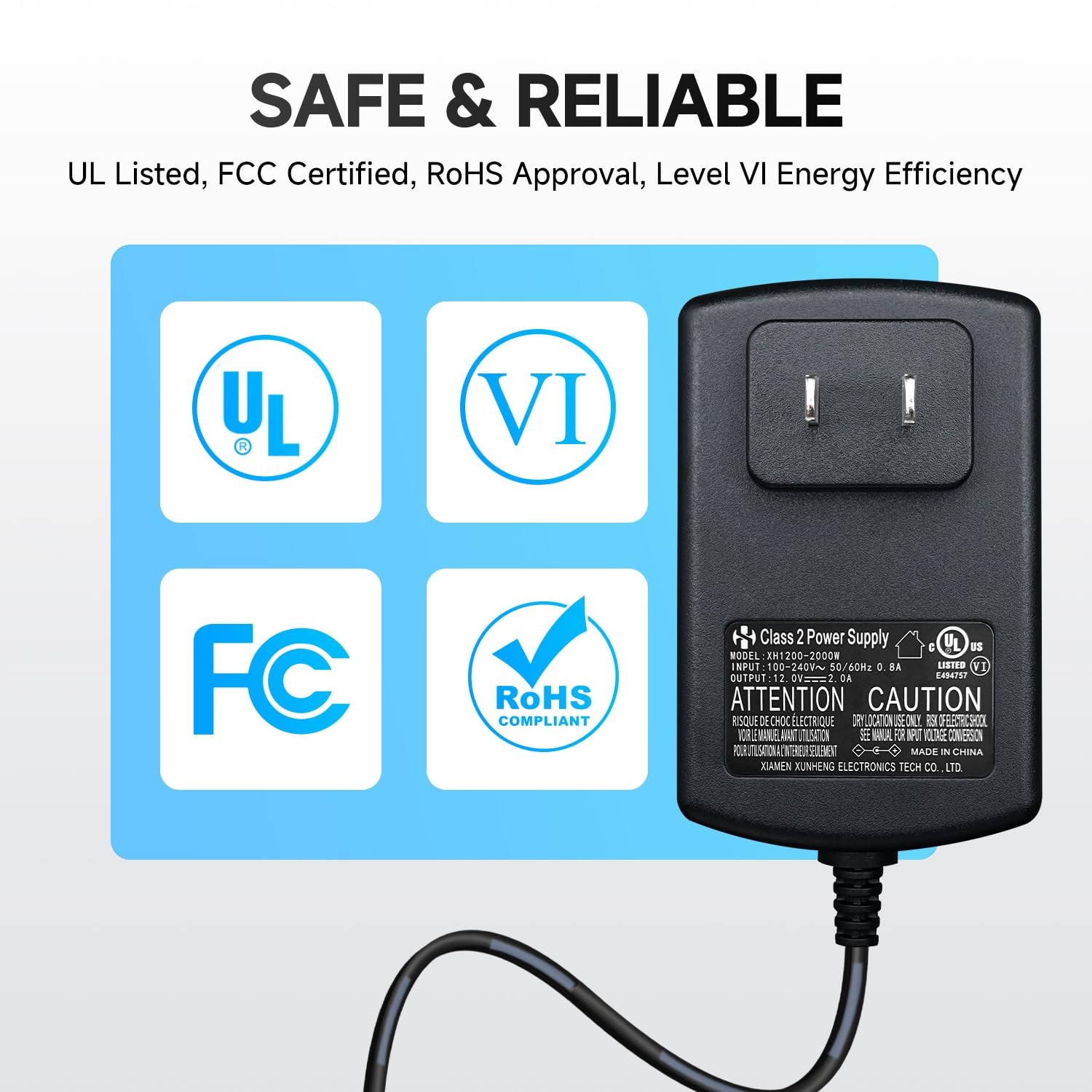 UL Listed 12V 2A 10ft Power Supply Adapter, AC to DC 24W 2000mA 1500mA 1000mA…