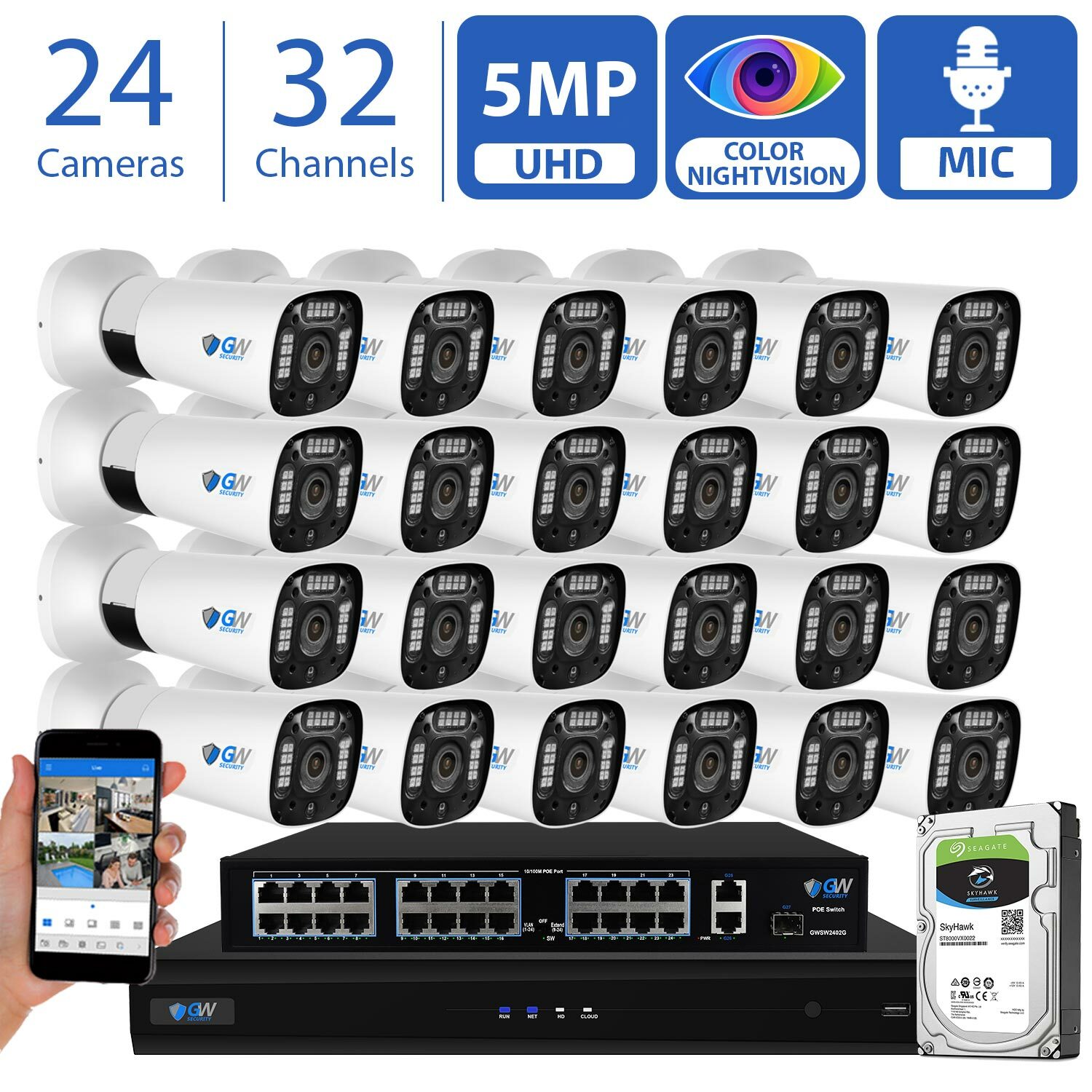 GW 32 Channel 4K NVR 24 X 5MP PoE IP Camera Colo Night Vision Security System