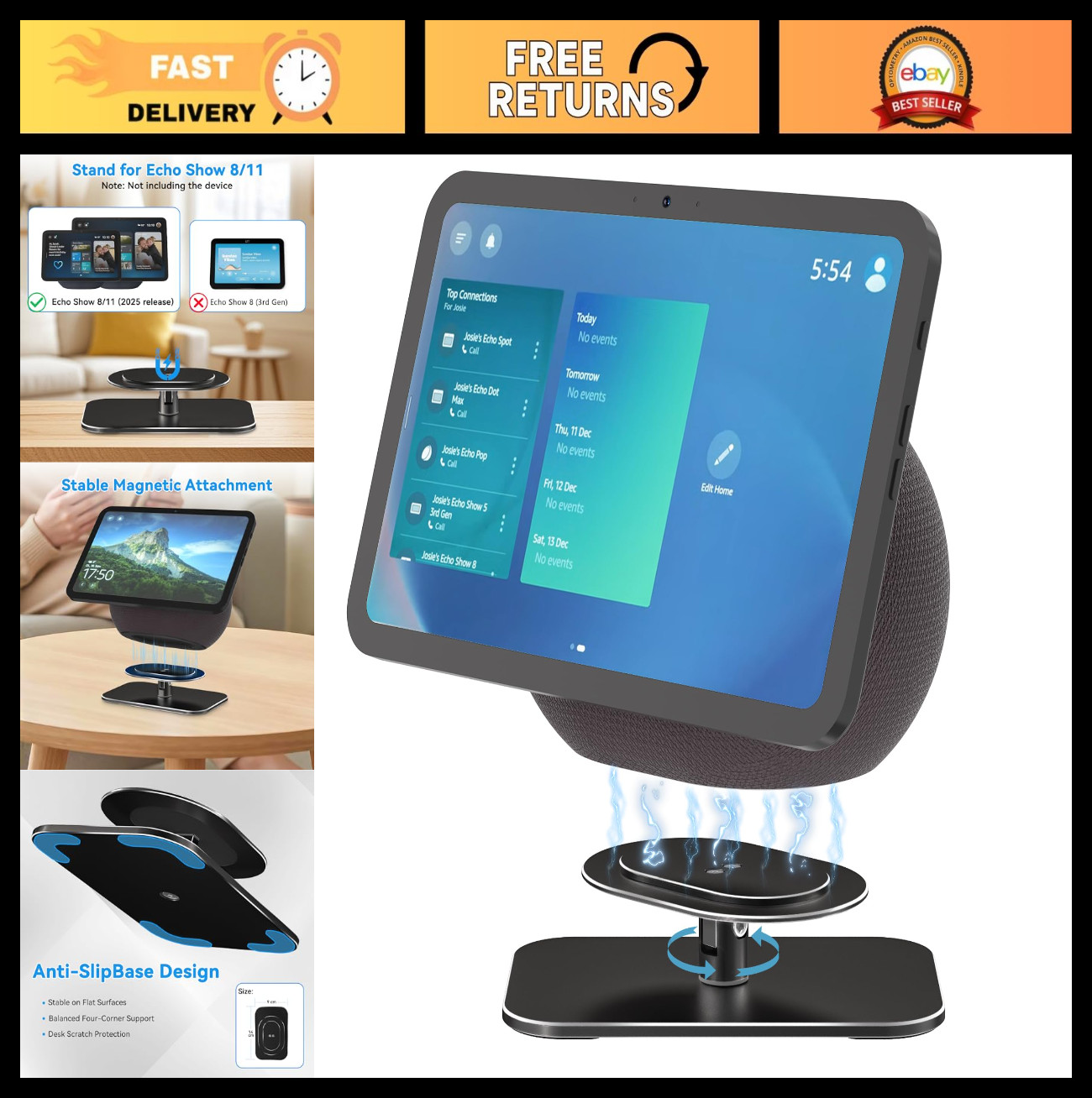 Adjustable Stand for Echo Show 8/11 – Solid Aluminum, Tilt & Swivel, Anti-Slip D