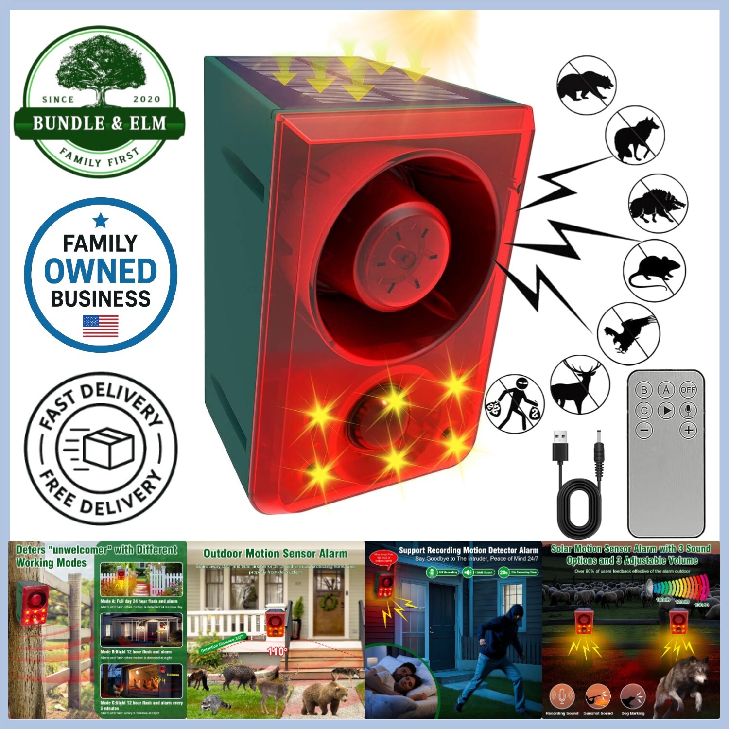 Solar Motion Sensor Alarm 130dB Loud Dog Barking Outdoor Security System 2 Pack