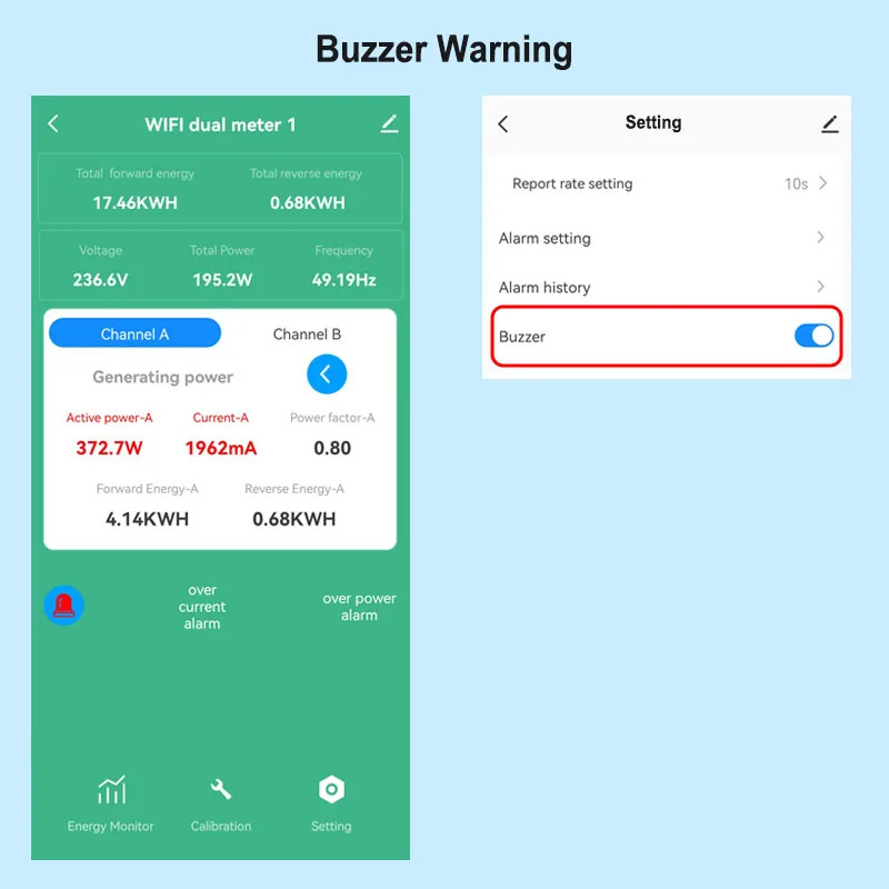 Smart Wifi Energy Clamp Bidirectional Meter with Buzzer Alarm for Threshold App