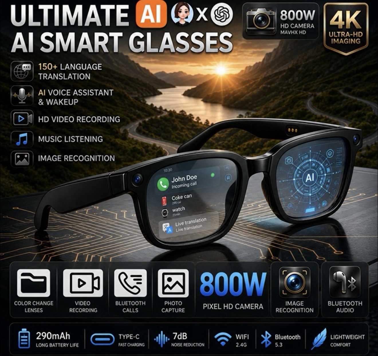 4kSmart Glasses HD Camera Bluetooth • iOS/Android | Ray-Ban Meta Alternative