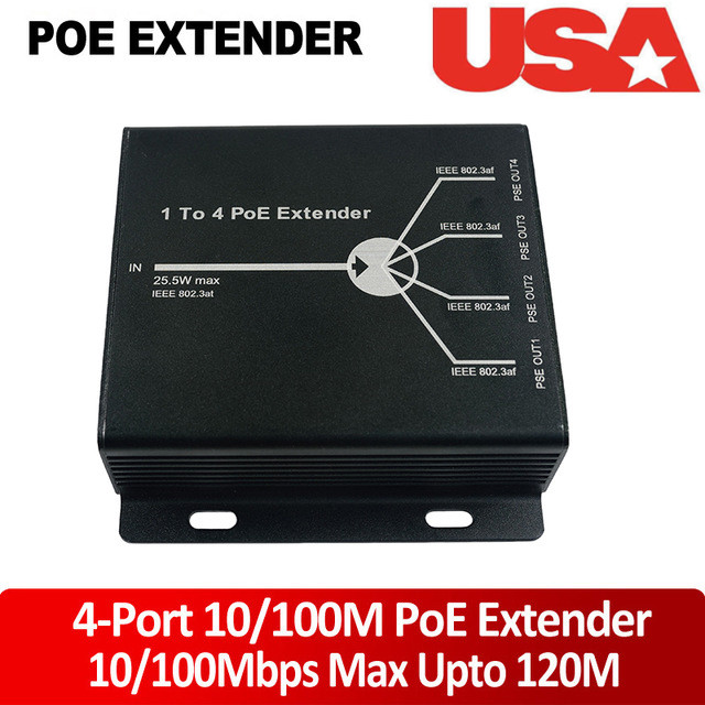10/100M 4 Ports POE Extender 25.5W – Extend 120 Meters 802.3af POE Plug-and-Play