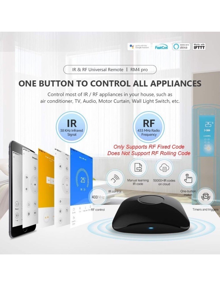 BroadLink RM4 Pro Smart IR RF Universal Remote Hub WiFi Alexa Google Home IFTTT