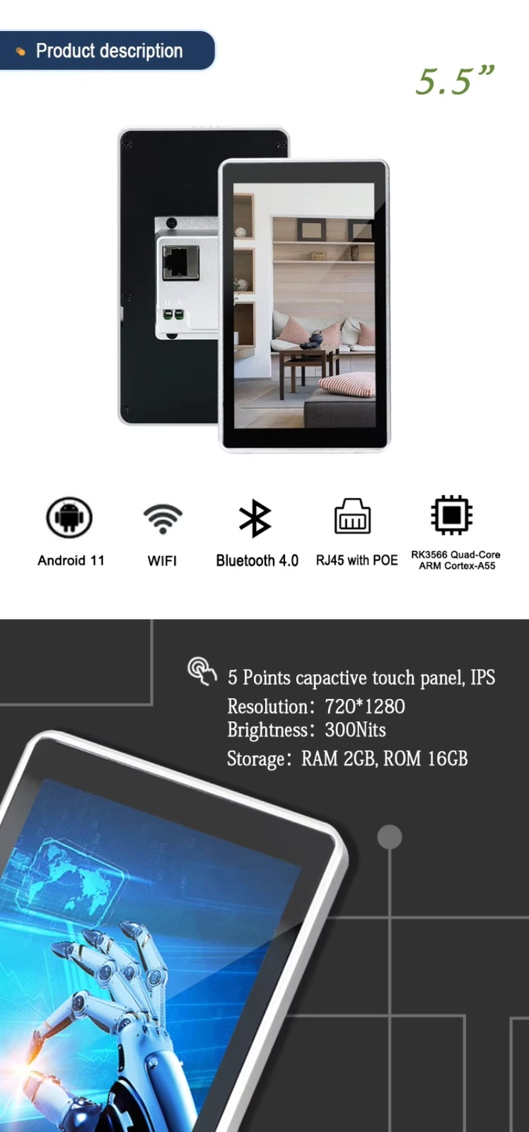 Embedded Android 5.5 Inch Wifi Touch Switch Panel for Home Automation PoE RJ45
