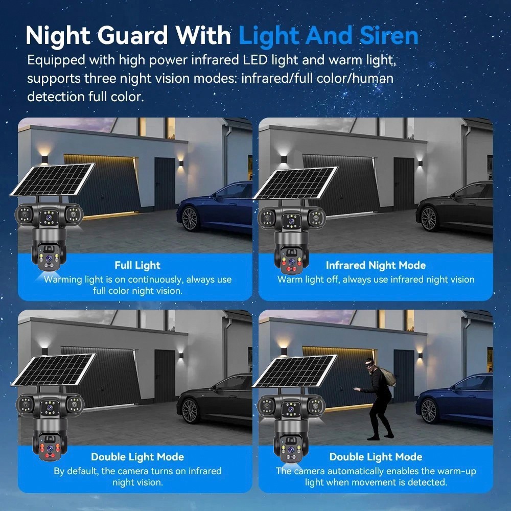 V380PRO 3 Lens 6MP Solar Home Security Camera Outdoor Wifi Wireless PTZ CCTV US