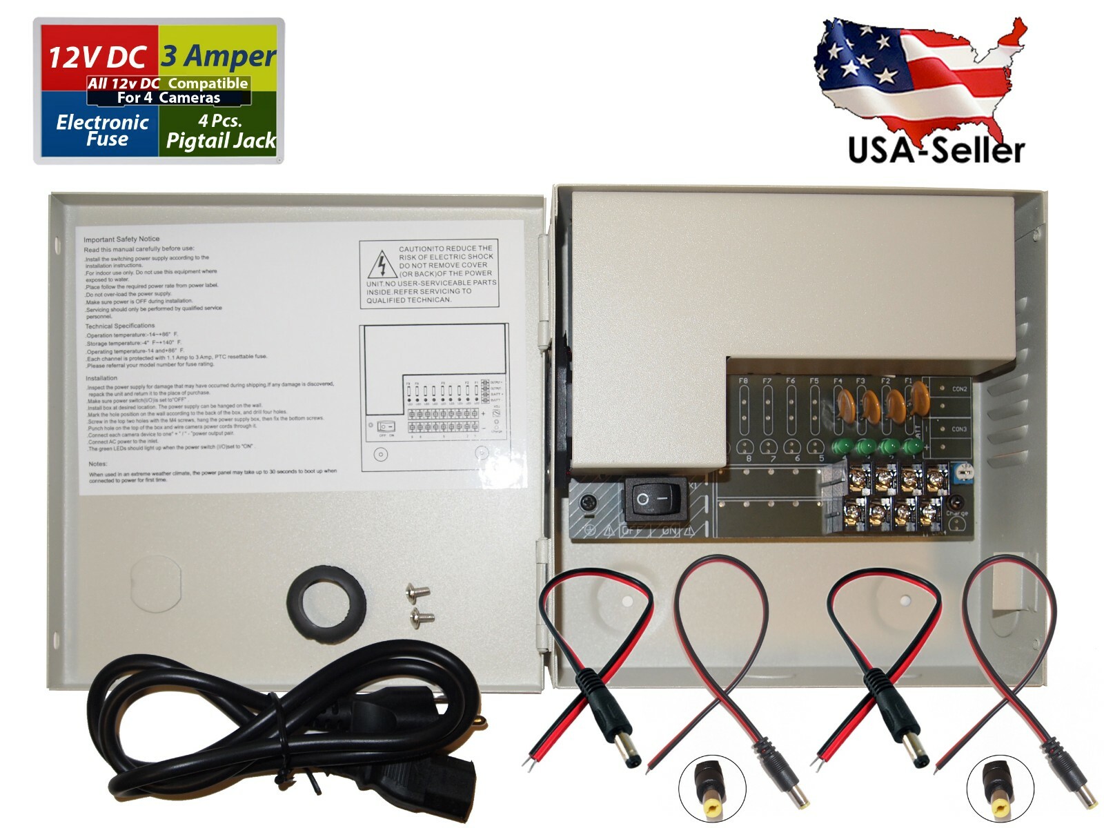 4 Channel CCTV 12V DC Distributed Power Supply Box with PTC Fuse, Auto Reset