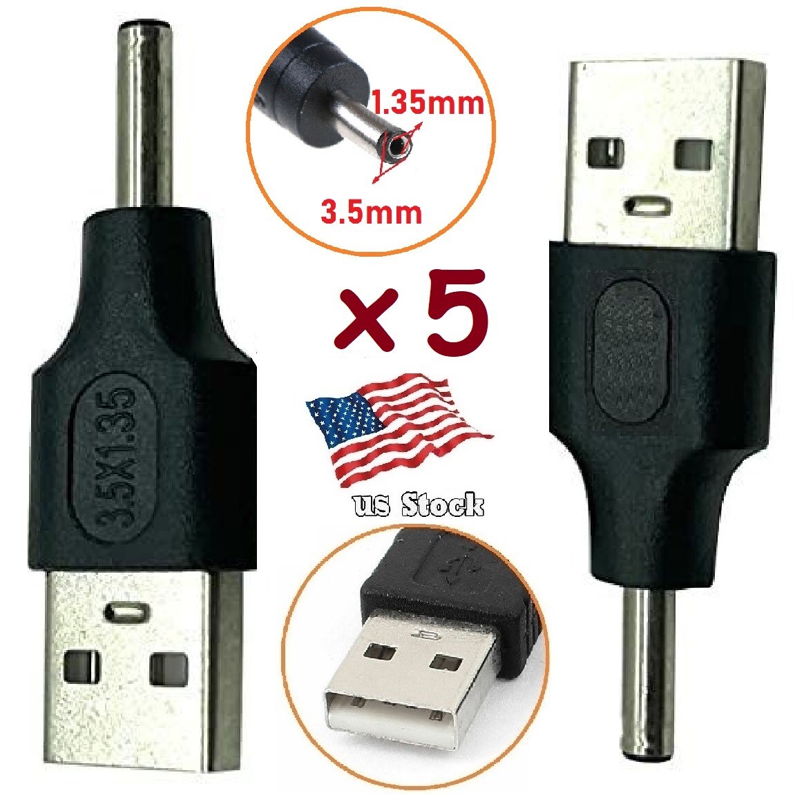 x5 USB Male To 3.5x 1.35mm Plug 5V DC Power Supply Adapter Connector Converter