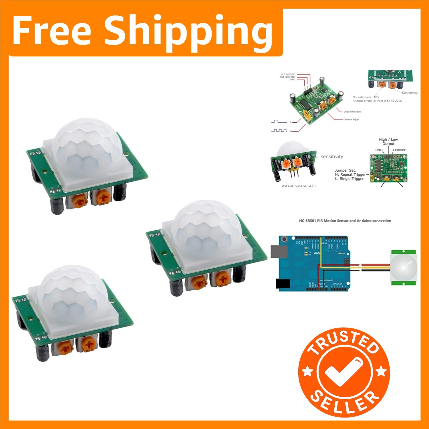 3-Piece HC-SR501 Motion Sensor Set – Precise Human Detection & Adjustable Timing