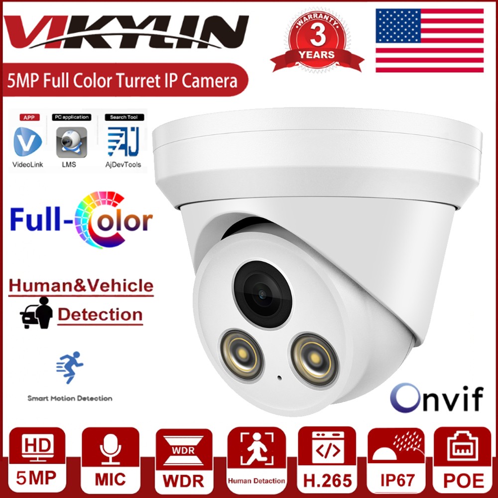 Vikylin 5MP Turret 2.8mm CCTV IP Camera PoE Full Color Metal with MIC ONVIF