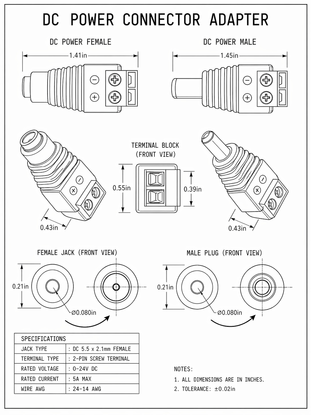 100Pairs Male Female 2.1×5.5mm DC Power Plug Jack Adapter Connector for CCTV Lot