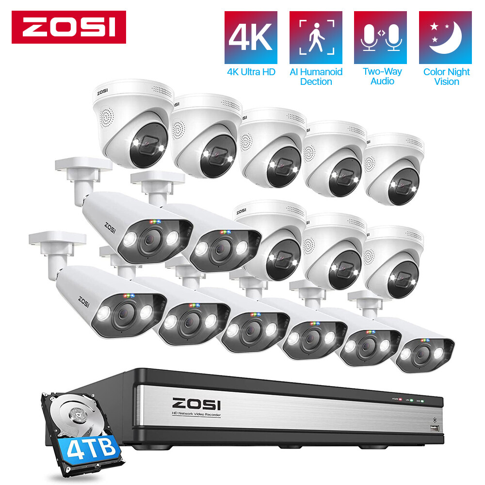 ZOSI 4K 16CH H.265+NVR 8MP Spotlight PoE Security Camera System with 4TB Outdoor
