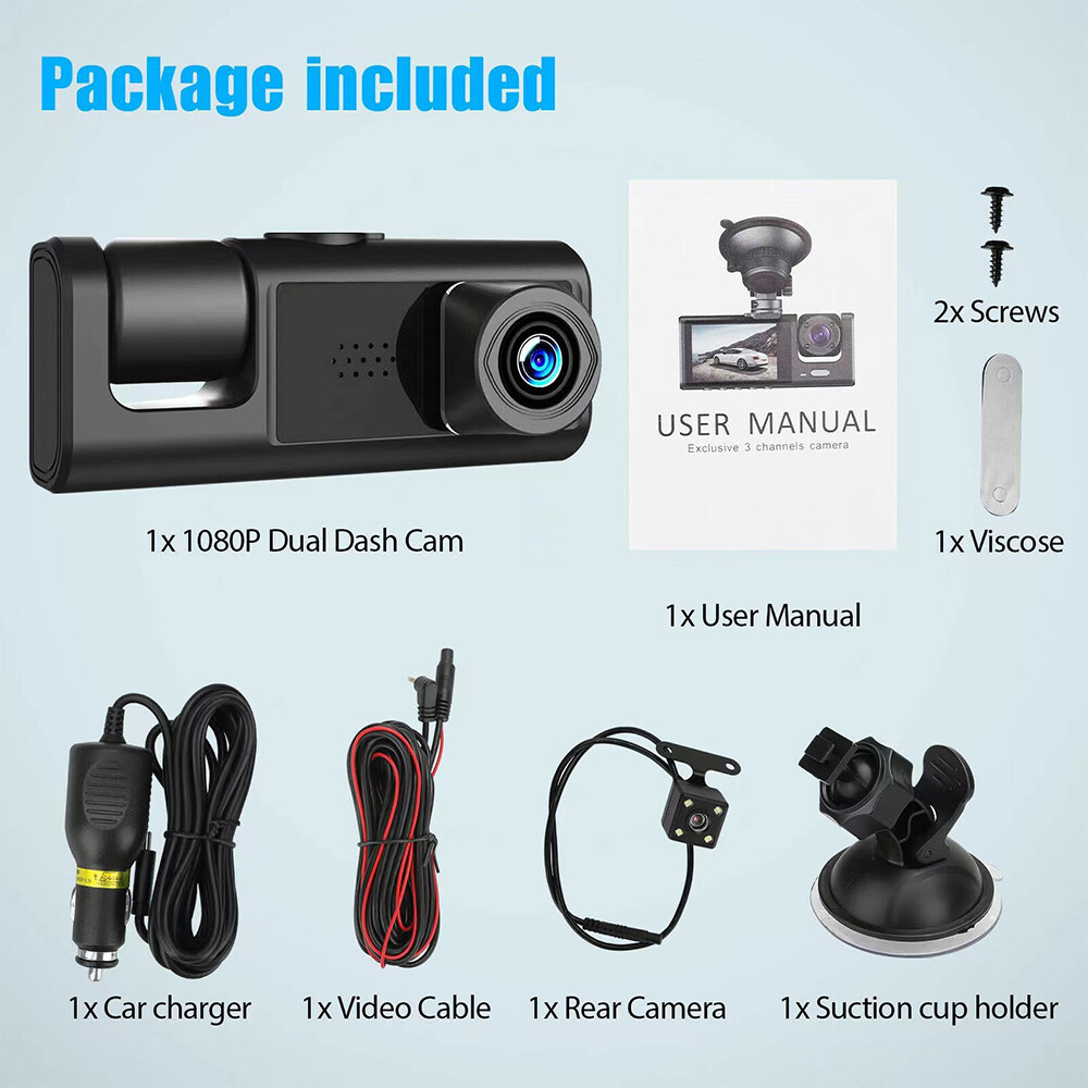 FHD 1080P Car 3 Lens Dash Cam Front/Rear/Inside Video Recorder Camera G-sensor