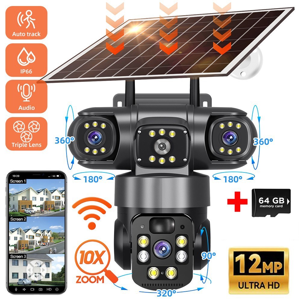 3 Lens 12MP Solar Battery Home Security Camera Outdoor Wifi Wireless PTZ CCTV US