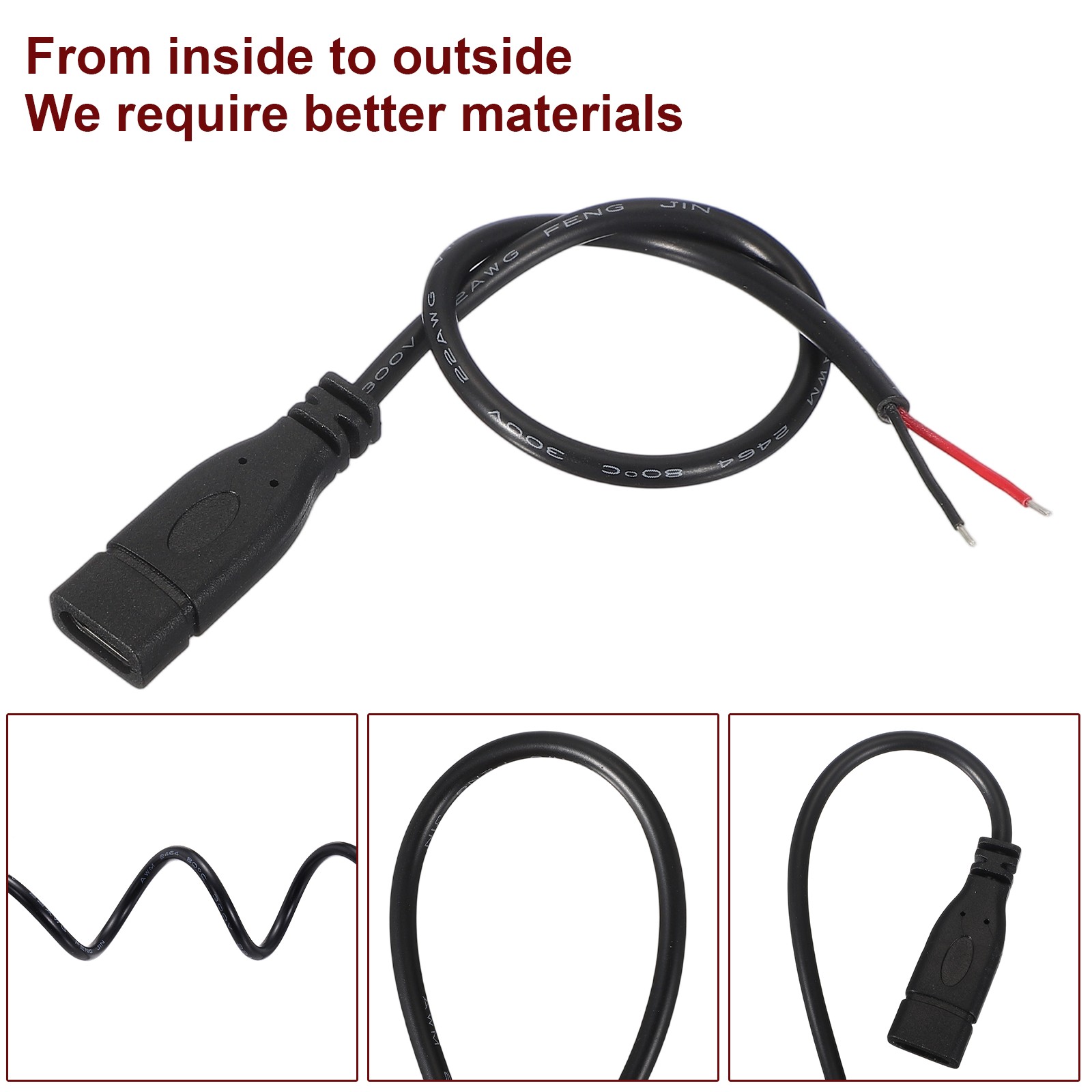 0.25M/0.8Ft Type C Female Plug Bare Wire Cable, 22AWG 12V 3A 2 Pin 4 Pcs