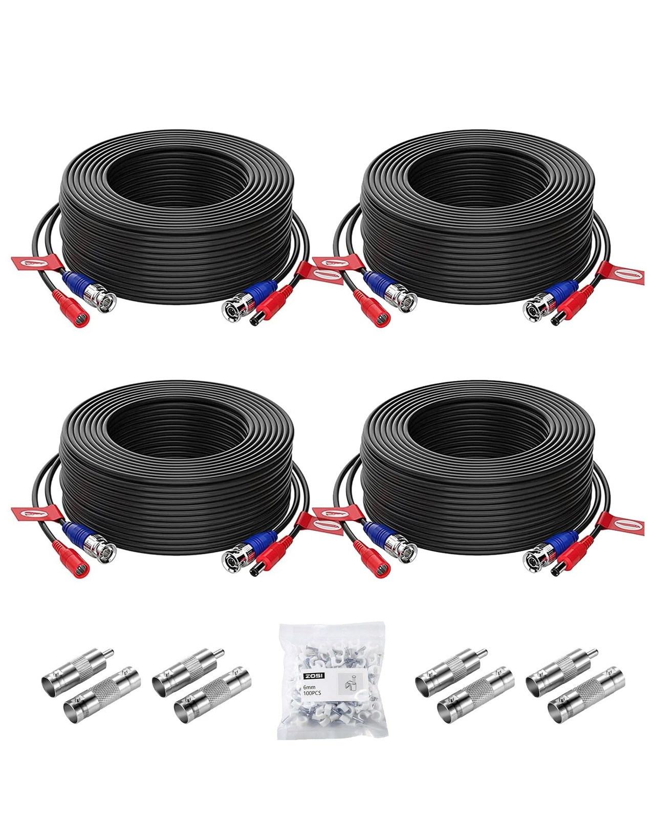 ZOSI 4-Pack 100ft (30m) BNC Video Power Cables, All-in-One 100FT, Black-100FT