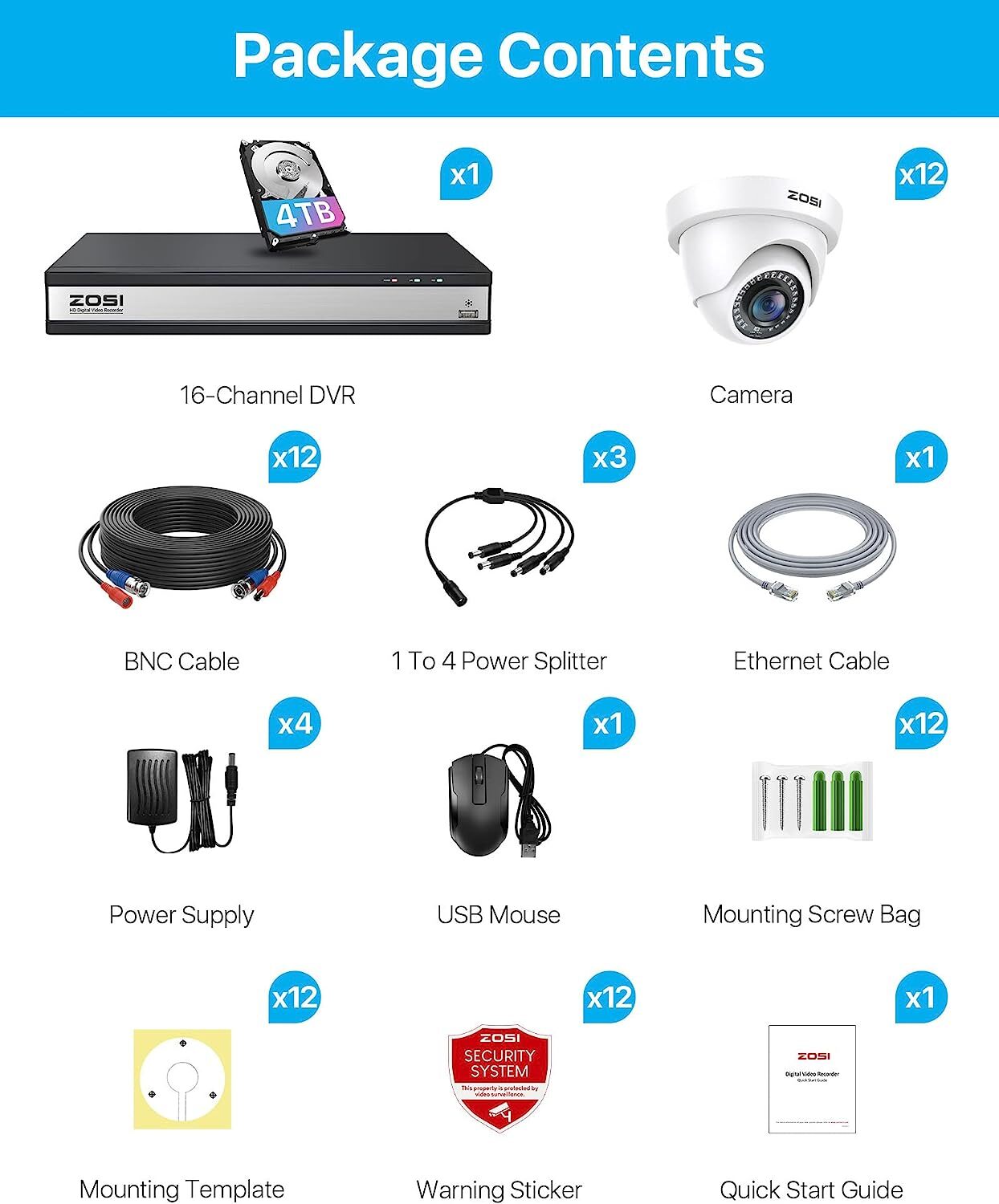 ZOSI 16CH 3K Lite Security Human Detection 1080P Camera System Email Alerts 4TB