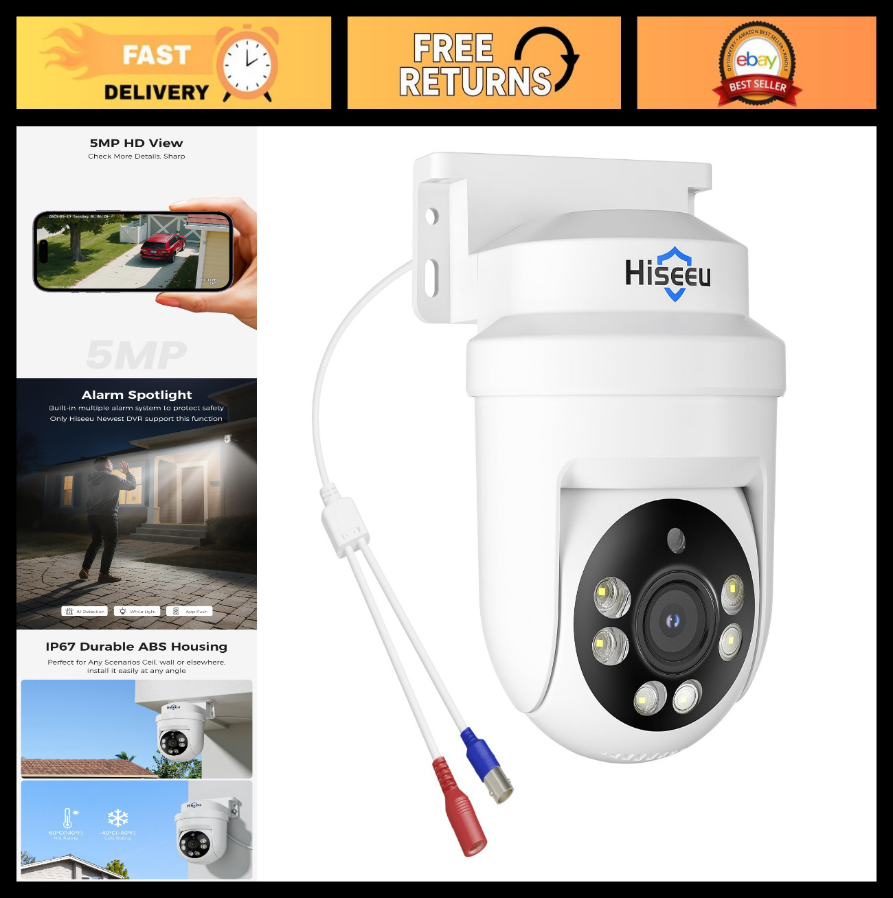 5MP HD-TVI Dome PTZ Security Camera, 355° Pan, 90° Tilt, 100ft IR Night Vision,