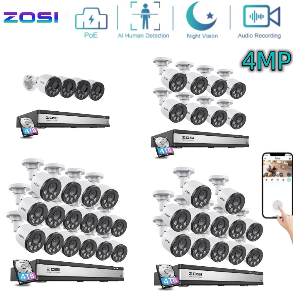 ZOSI 16CH NVR 4MP PoE Security Camera System 4TB Audio Night Vision Human Detect