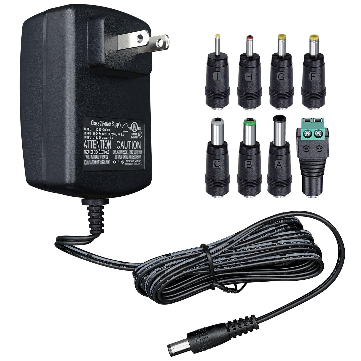 UL Listed 12V 2A 10ft Power Supply Adapter with 8 Tips, 24W 1.5A 1A 0.8A 0.5A…