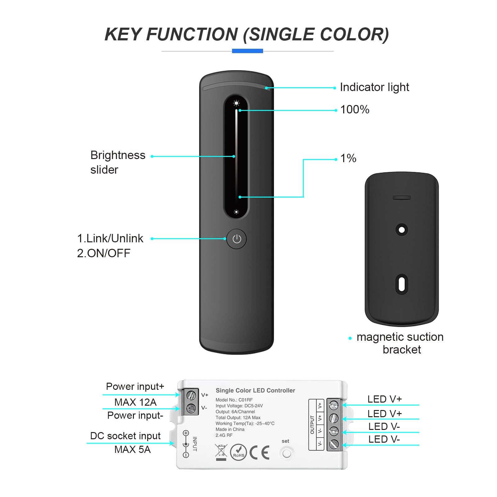 RF Single Color LED Strip Controller Wireless Remote Dimmer DC5V DC12V DC24V