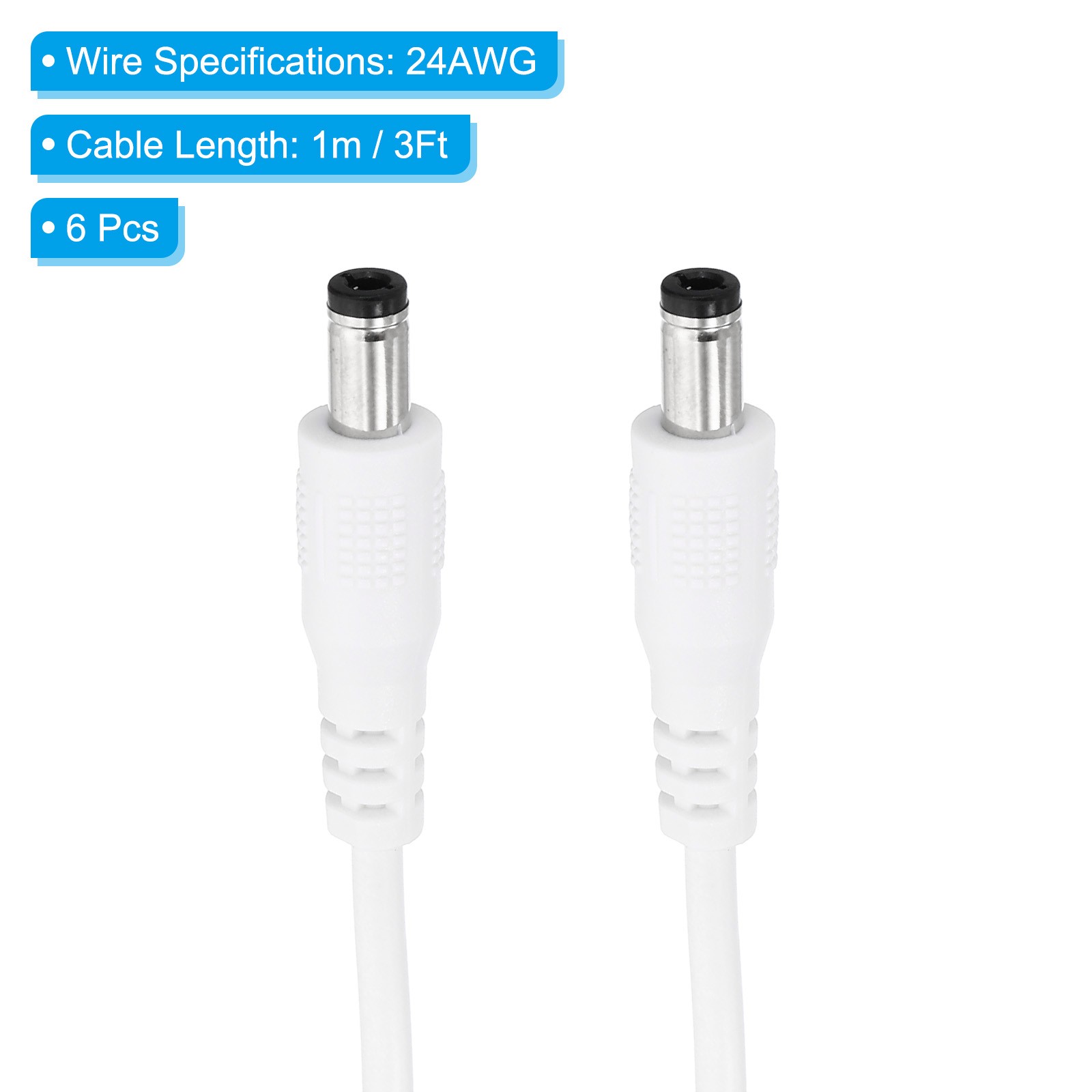 Pack of 6 3Ft Male to Male 5.5×2.5mm DC Power Extension Cable 24AWG White
