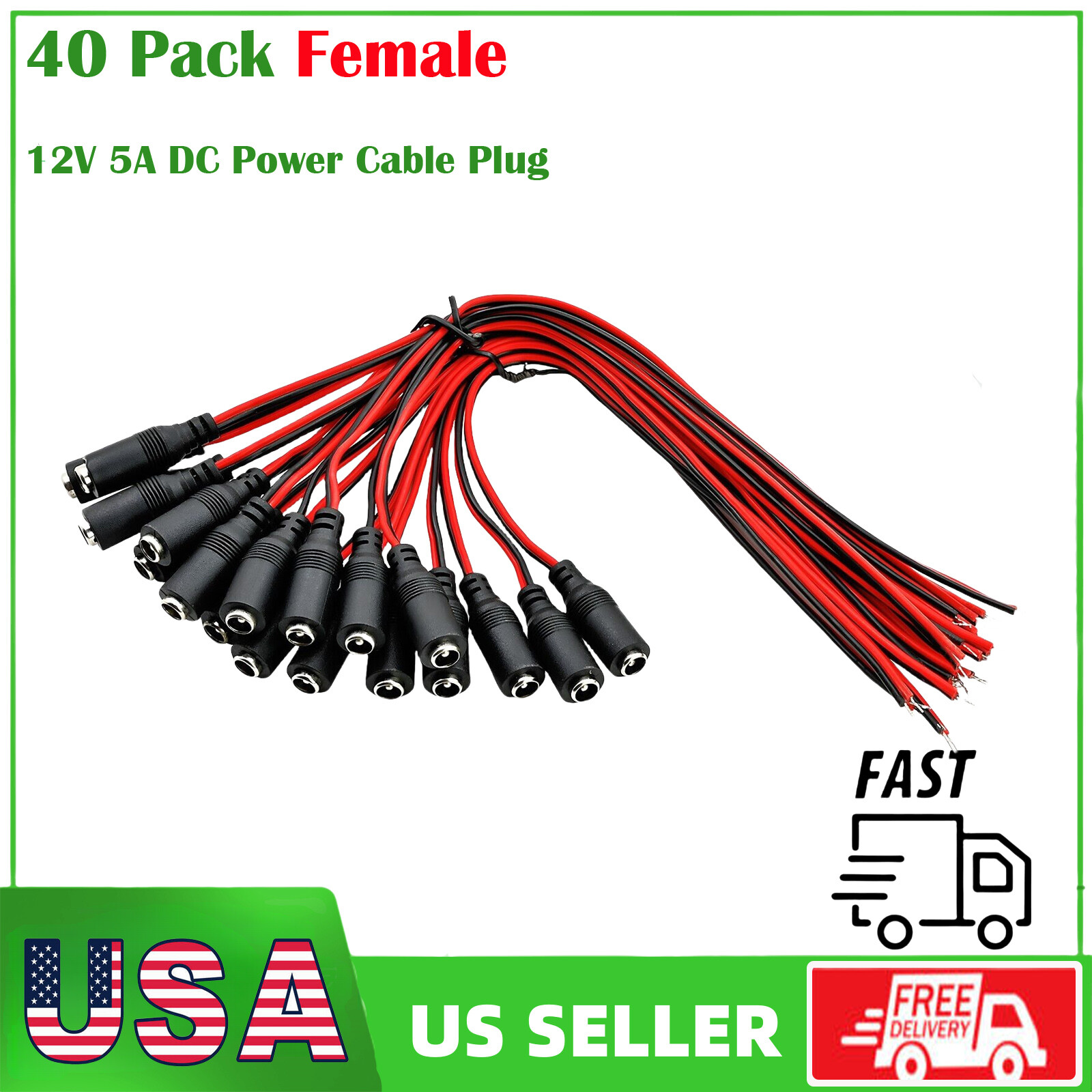 40 Pack Female 12V 5A DC Power Cable Plug Connector fit CCTV Security Camera