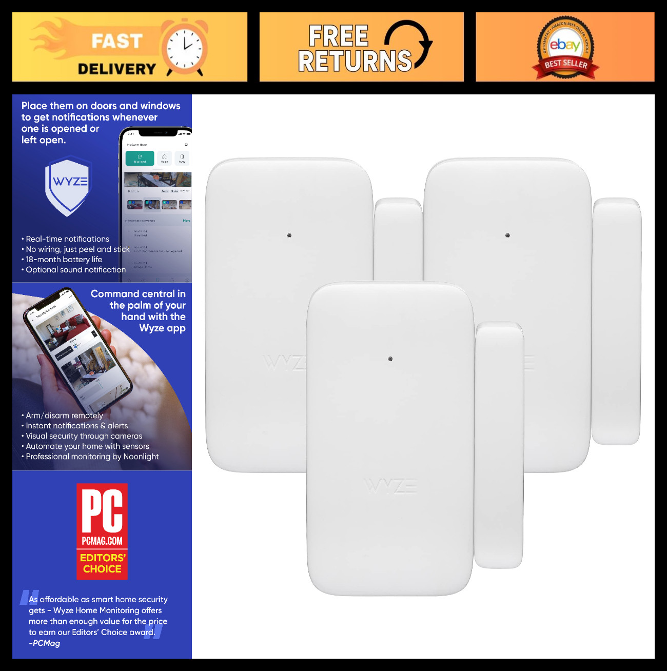 Home Security System Entry Sensors – Window & Door Protection (3-Pack)