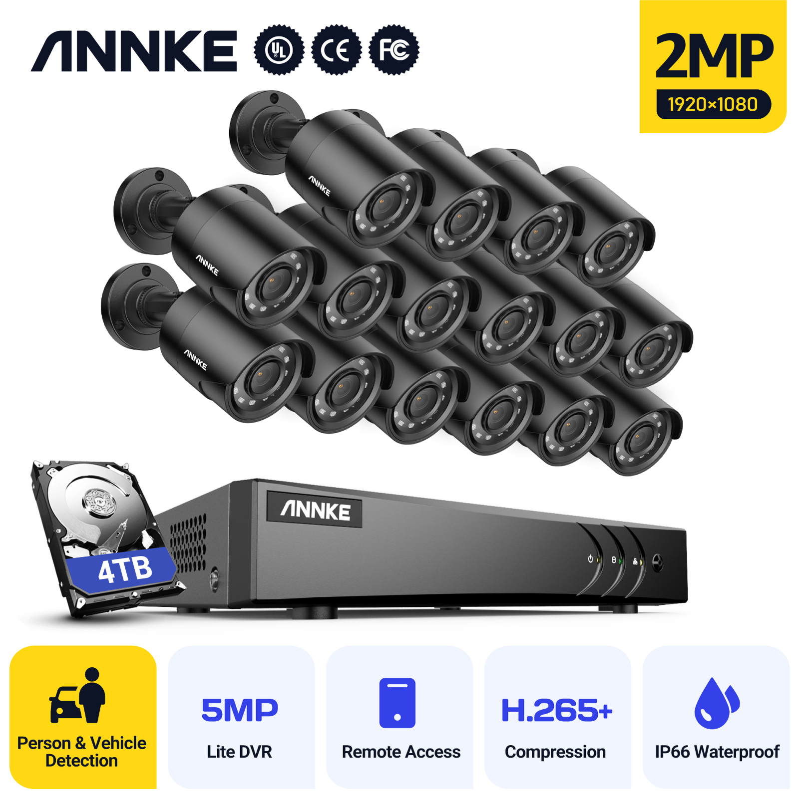 ANNKE 16CH H.265+ 5MP Lite 5in1 DVR 1080P CCTV Security Camera System Outdoor AI