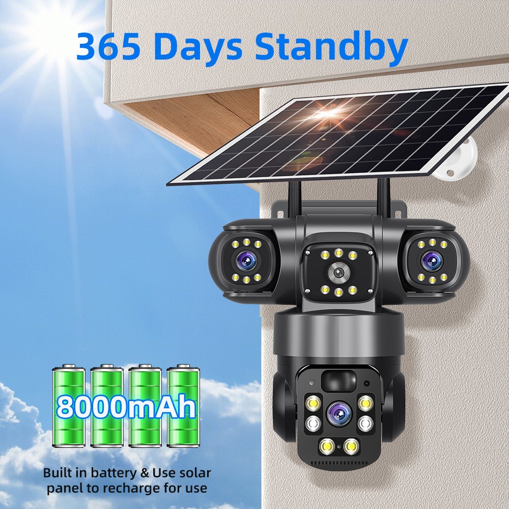 4K Solar Security Camera Wireless Outdoor 3-Lens 360° PTZ WiFi Night Vision Cam