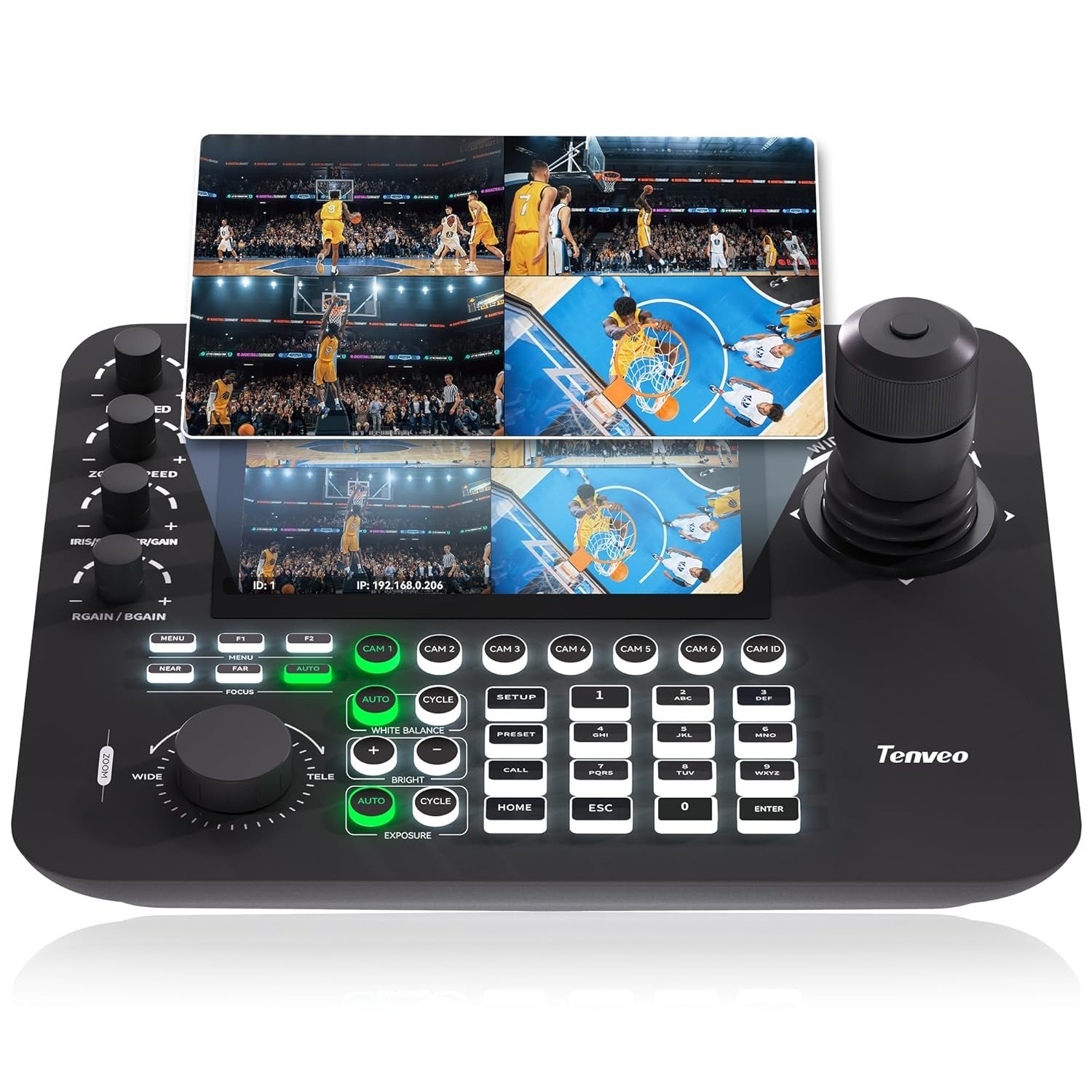 Tenveo NDI PTZ Camera 4D Joystick Controller, 7’’ LCD Quad-Screen Live Preview
