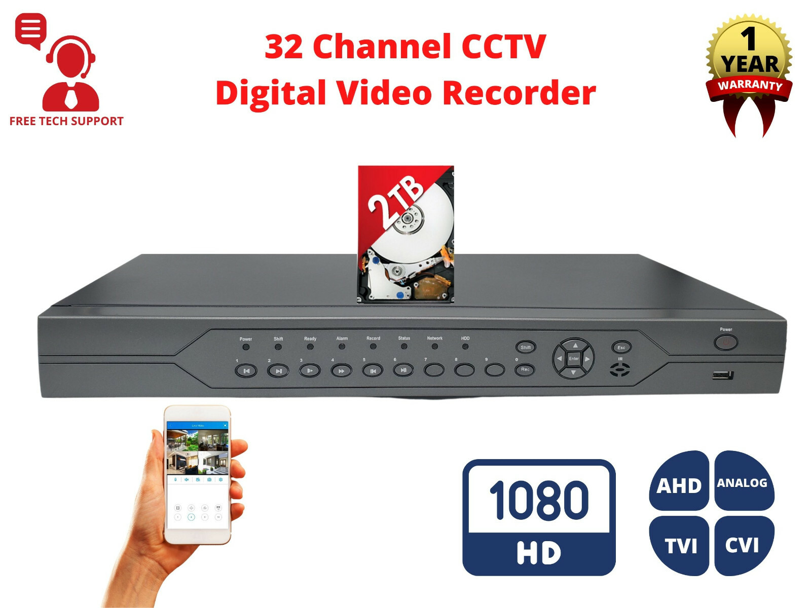 32 Port H.265 Analog High Definition TVI CVI Security Surveillance DVR 2TB HDD