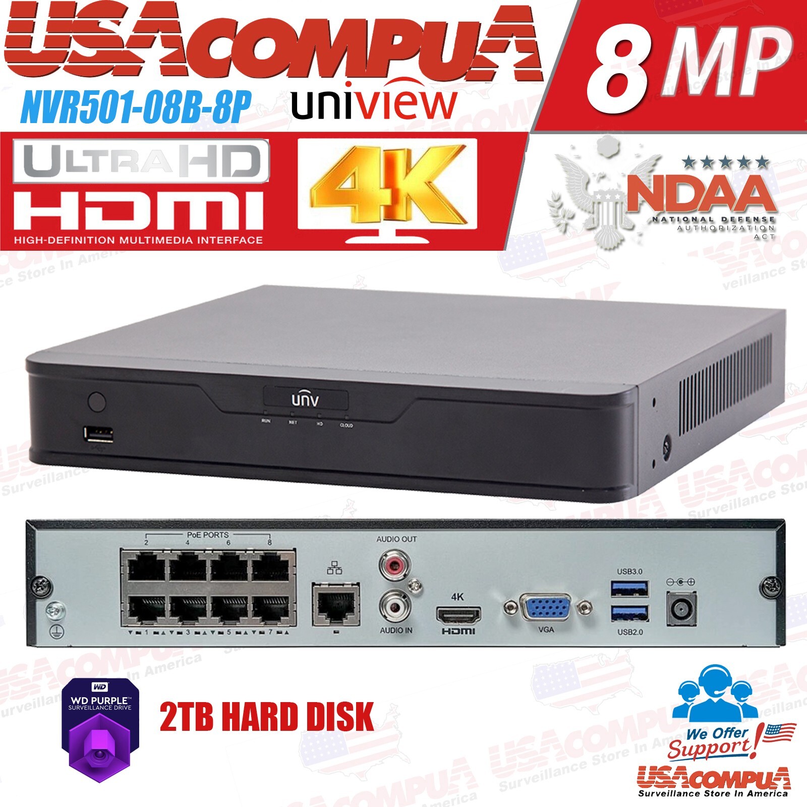 UNIVIEW 16MP NVR NDAA-Compliant 8-Ch PoE IP Network Uniview Security NVR 2TB PUR