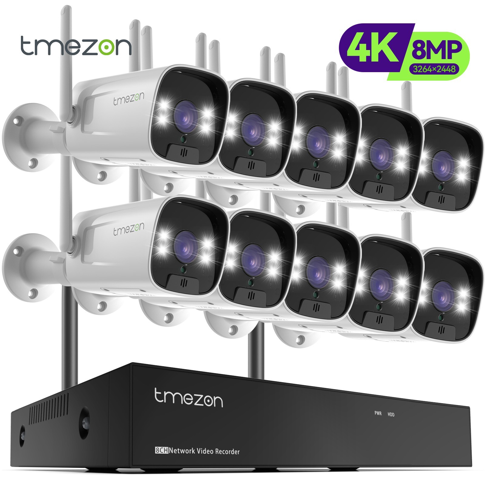 TMEZON Wireless 8MP Security Camera System 5MP 10CH NVR Two-Way Audio Recording