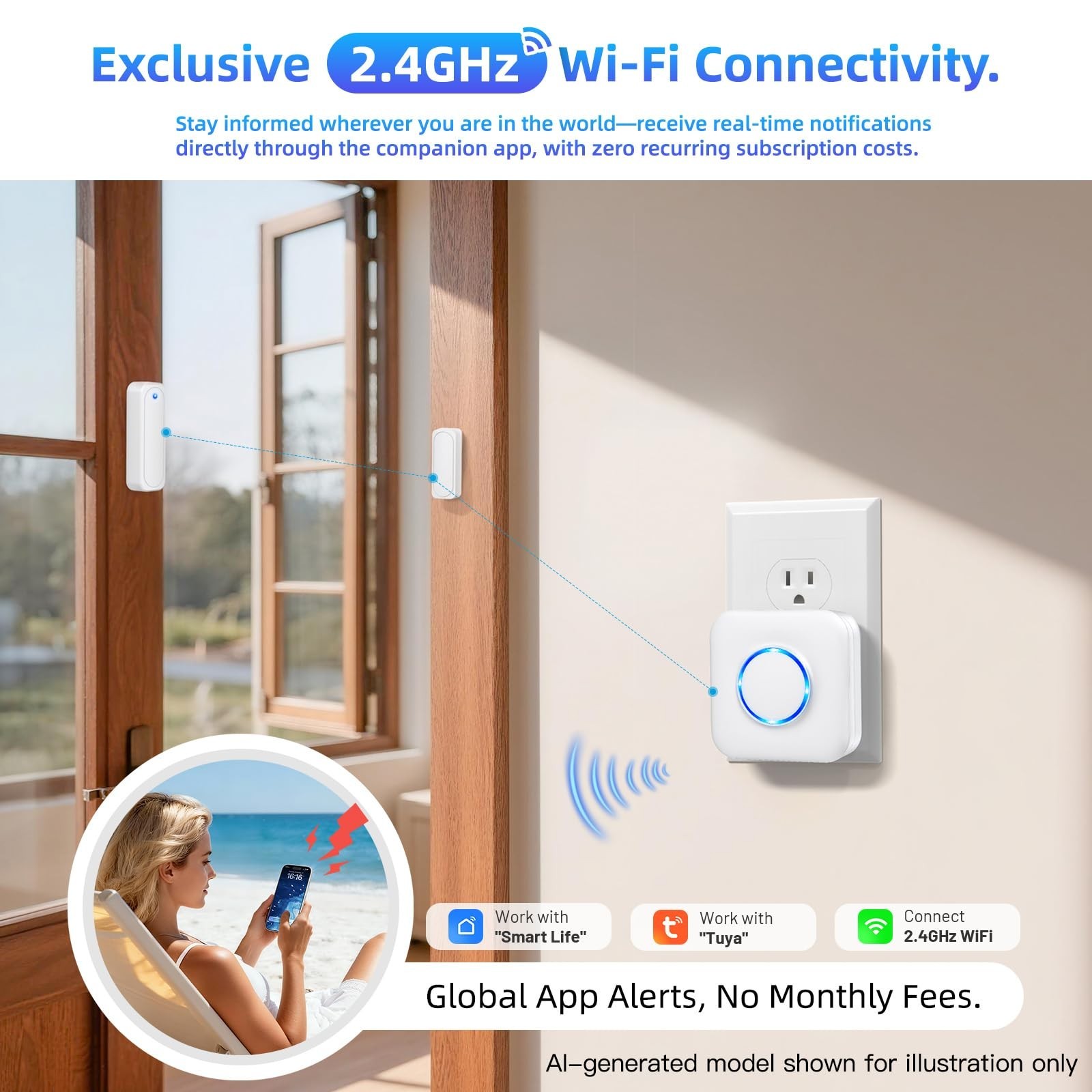 Smart WiFi Door Chime & Window Sensor Alarm – 500FT Range, 32 Ringtones, App Ale