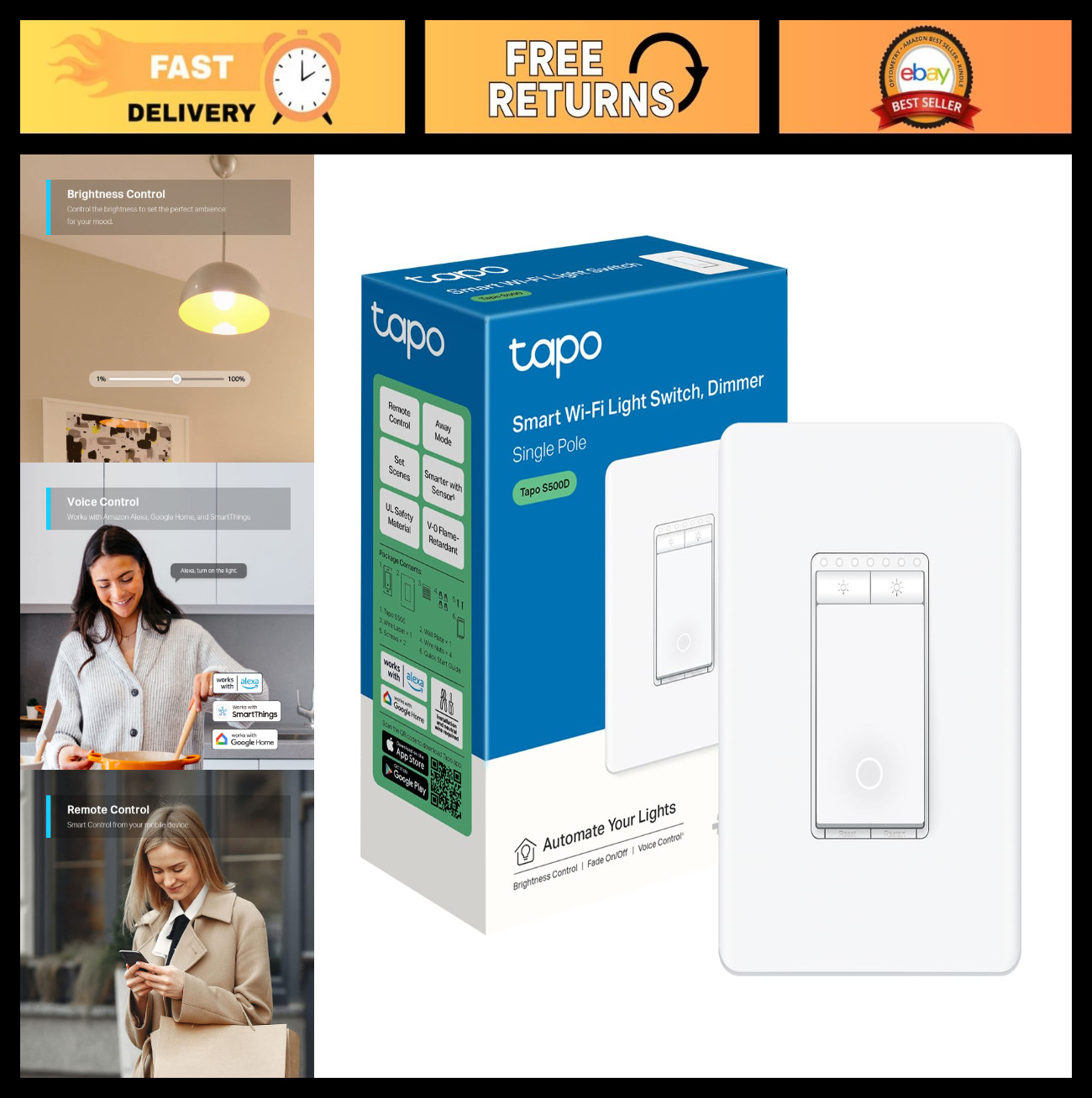 Smart Dimmer Switch, Single Pole, 2.4GHz Wi-Fi, Alexa & Google Home Compatible,