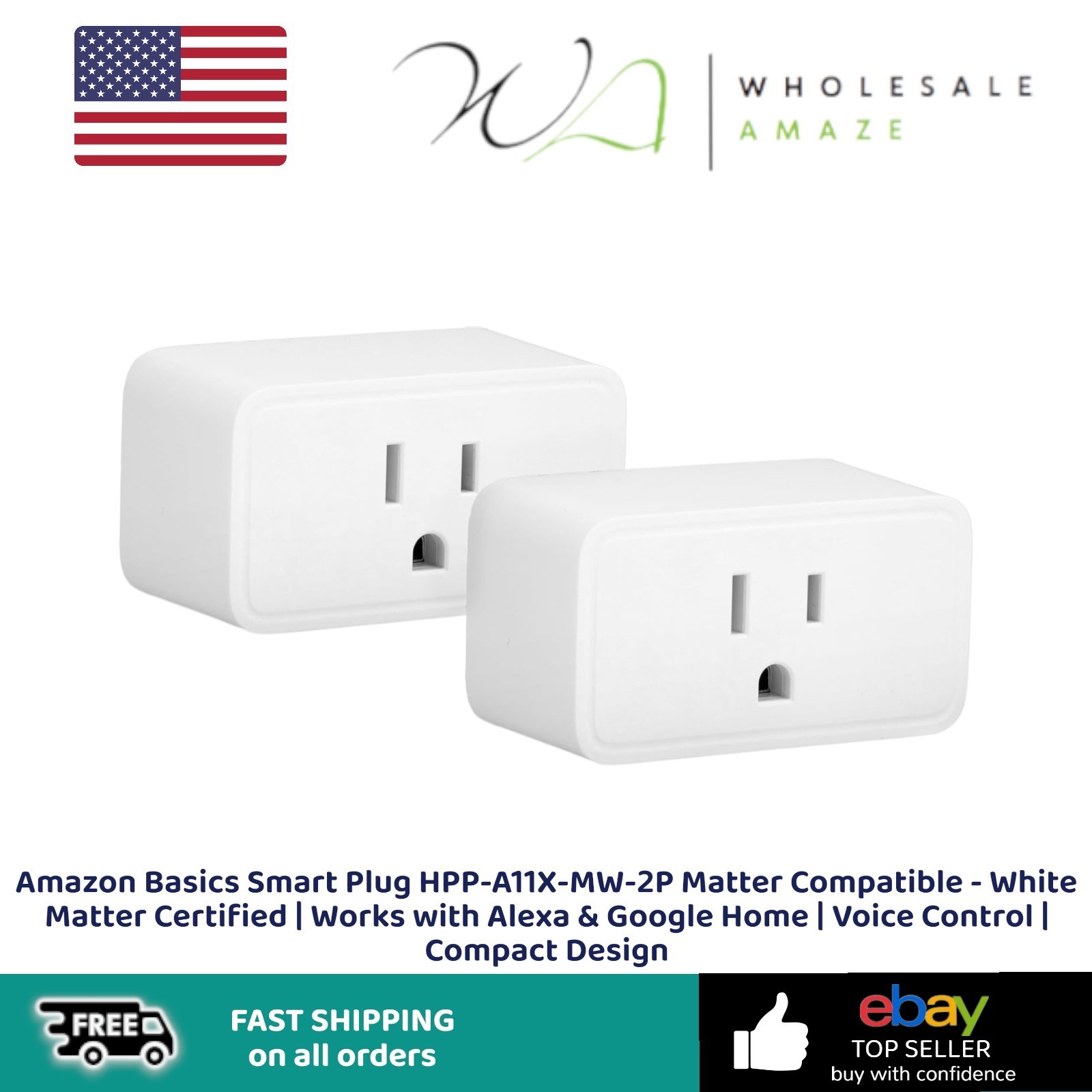 Amazon Basics Smart Plug ‎HPP-A11X-MW2P Matter Compatible White Matter Certified