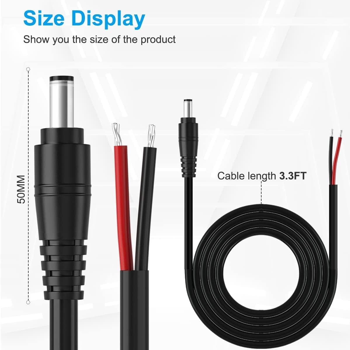 2Pack 16AWG DC Plug Connector Power Pigtails Cable,2.1mm x 5.5mm Male Black
