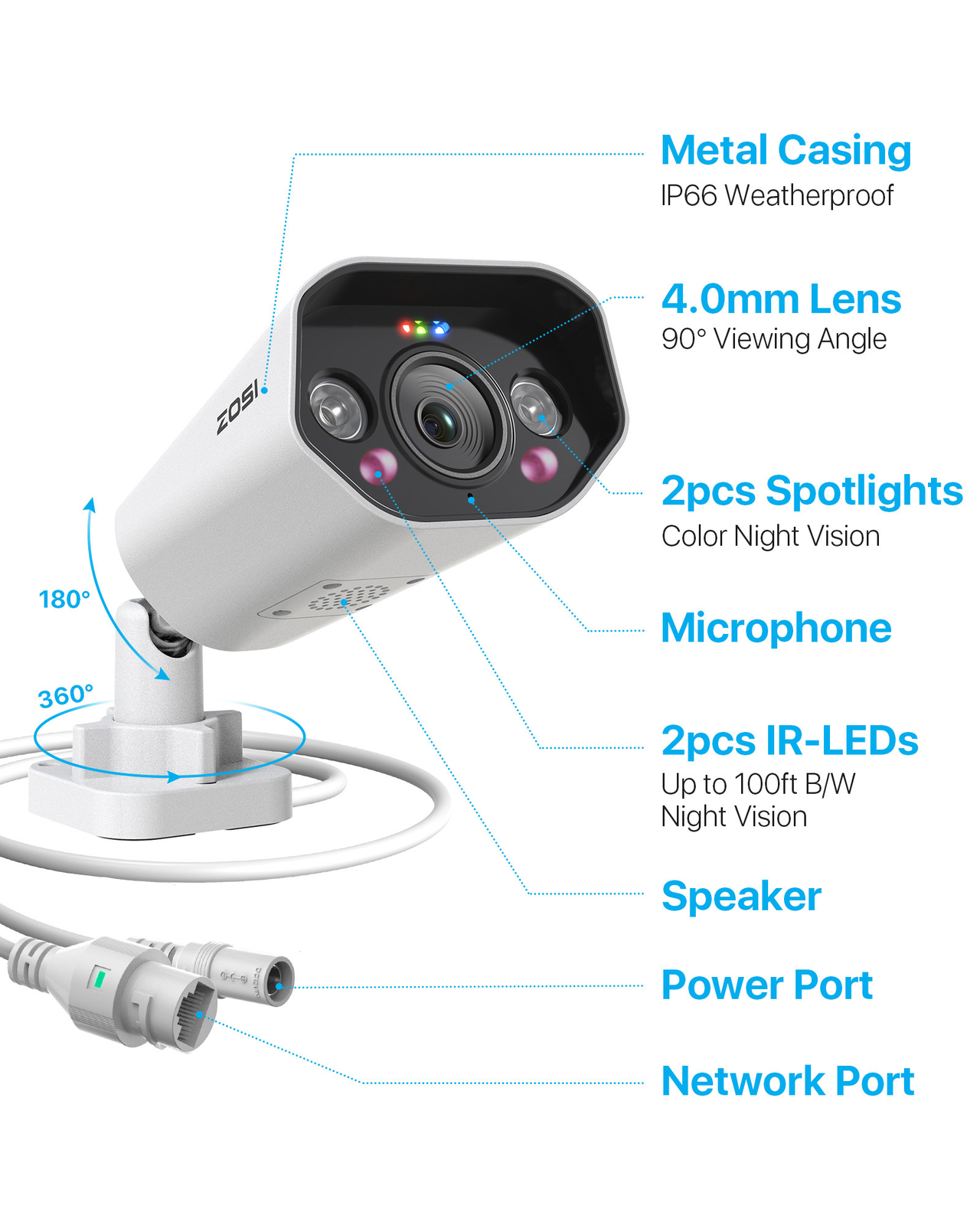 ZOSI 4 Pack 8MP PoE Security IP Camera AI Human Car Detect Camera Add-on IP66