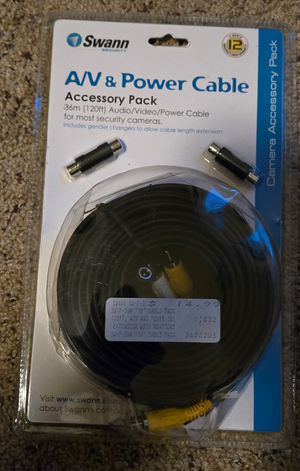 Swann 36M (120ft) Audio Video Power Cable for Secuity Cameras w/ Gender Changers
