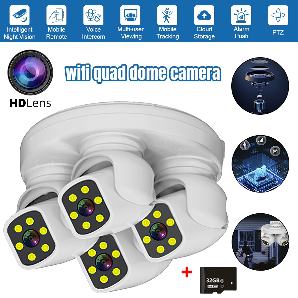 Four Lens HD WiFi Security IP Camera Outdoor PTZ Video Cam Night Vision 10X Zoom
