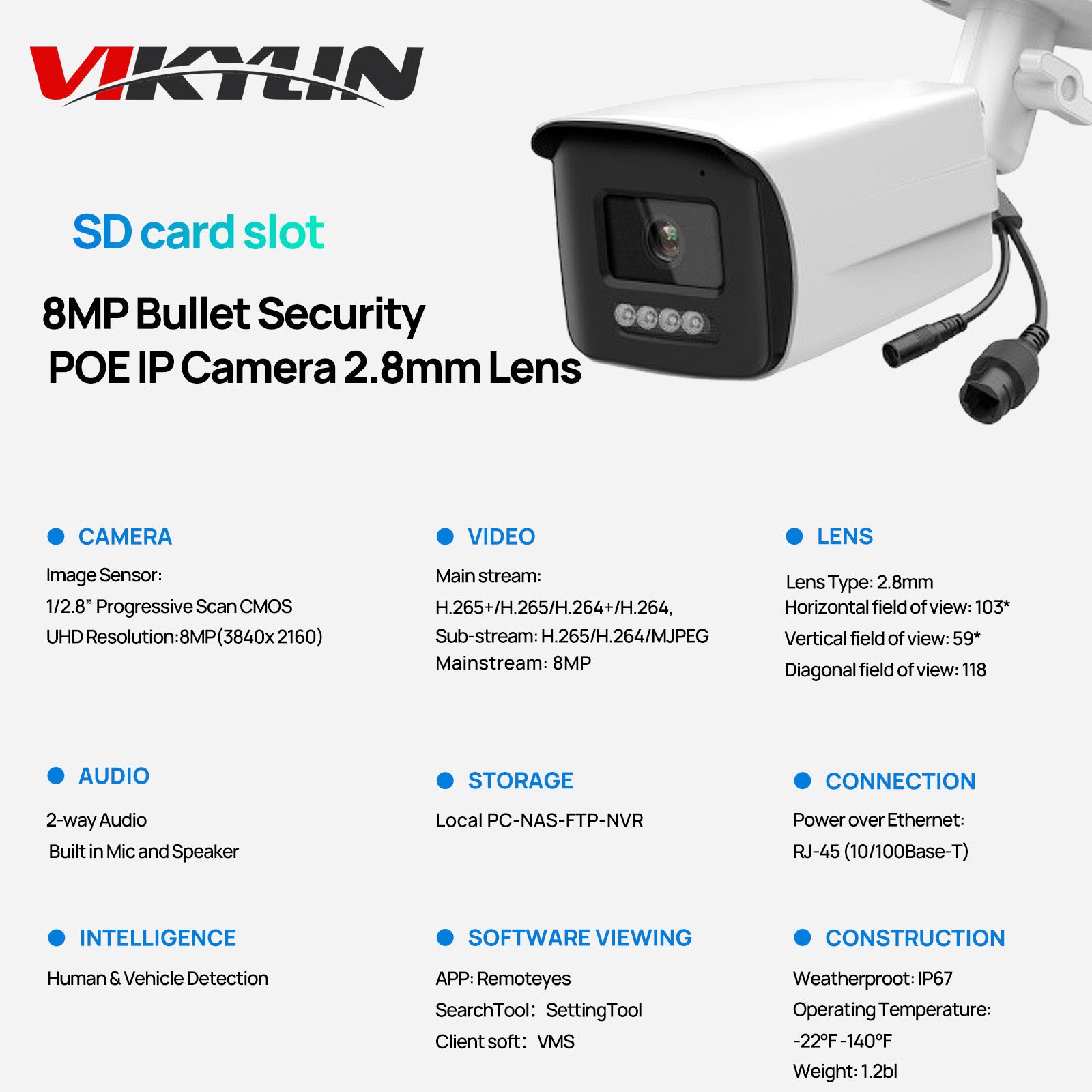 VIKYLIN Bullet POE IR30M 8MP local Area Network Security camera Outdoor/Indoor