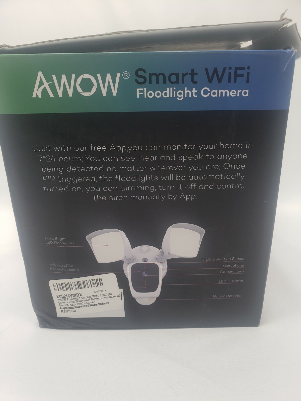 AWOW Smart WiFi Floodlight Camera, Android/iOS, 2500 Lumens (E97A)