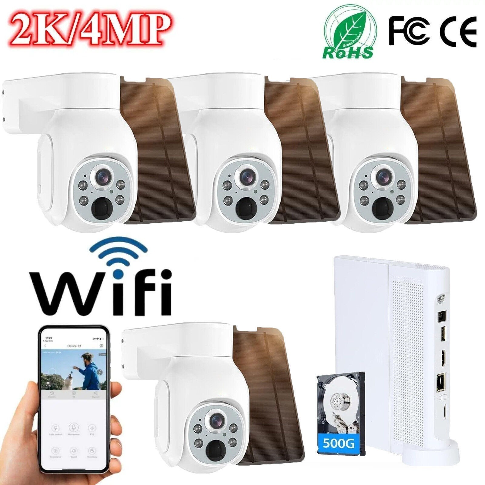 4MP Solar Security Camera System Wireless Outdoor Wifi PTZ Camera 10CH NVR+500GB