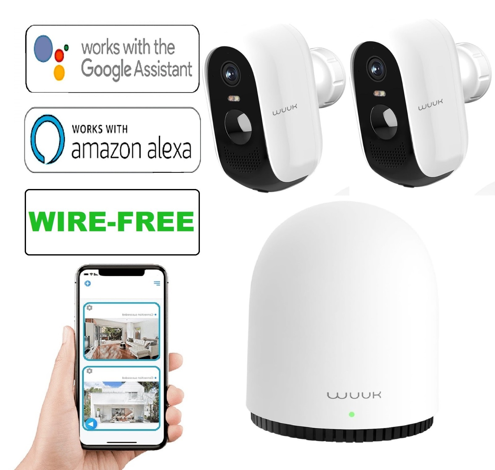 WUUK Cam Pro Wire-Free Security System 2-Cameras Outdoor 2K Color Night Motion