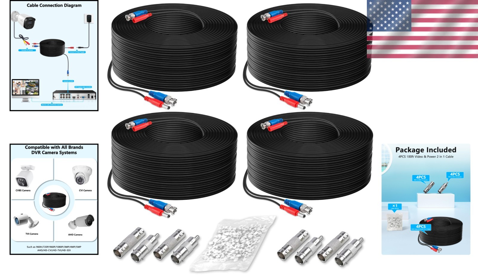 4 Pack 100ft 30 Meters 2-in-1 Video Power Cable BNC Extension Surveillance